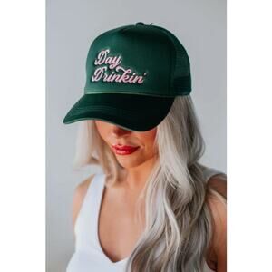 Wild Oak Boutique Day Drinkin’ Trucker Hat Hunter Green Pink Embroidery NEW